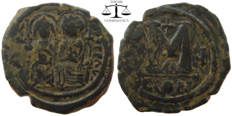 Justin II & Sophia AE Follis Constantinople 565 AD. DN IVSTI-NVS PP AVG, Justin ...