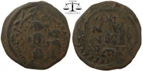 Heraclius and Heraclius Constantine on Phocas AE Follis Constantinople 610-641 AD. blundered or fragmentary legend, facing busts of Heraclius on left ...