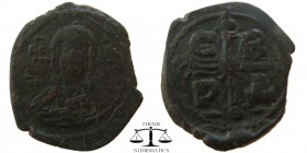 Romanus IV Diogenes AE Follis Constantinople 1068-1071 AD. IC-XC over NI-KA to left and right of bust of Christ facing, dotted cross behind head, hold...