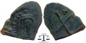 Phocas AE Decanummium Constantinople 602-610 AD. ON FOCA-S PP AVG, crowned, cuirassed bust facing / Large X, cross above. DOC 39 var. 22 mm., 1,9 g. V...