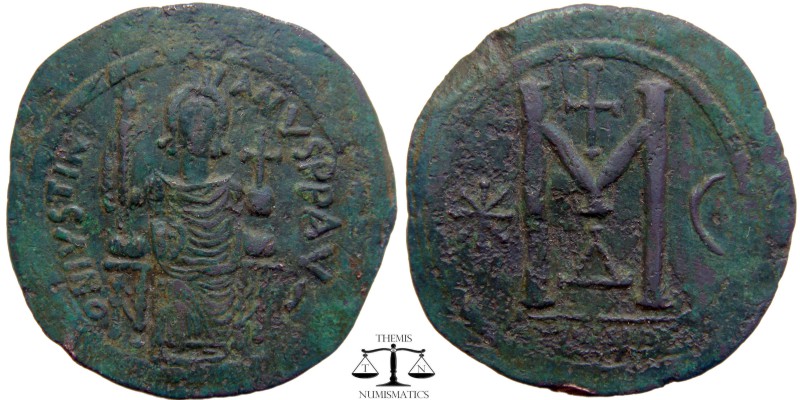 Justinian I AE Follis Theoupolis (Antioch) 546-551 AD. DN IVSTINI-ANVS PP AVG, J...