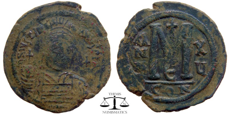 Justinian I AE Follis Constantinople 541/2 AD. DN IVSTINI-ANVS PP AVG, helmeted ...