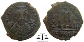 Phocas AE Follis Theoupolis (Antioch) 609/10 AD. DN FOAC NEPE AV, crowned bust facing, wearing consular robes, holding mappa and eagle-tipped scepter ...