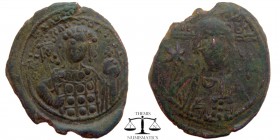 Michael VII Ducas AE Follis Constantinople 1071-1078 AD. Bust of Christ facing, bearded and with cross behind head, wearing tunic and himation, raisin...