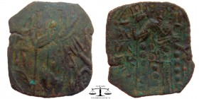Latin Rulers of Constantinople ? AE Trachy1204-1261 AD. Emperor, full-length figure standing facing, holding spear and resting left hand on shield? / ...