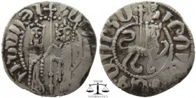Hetoum & Zabel AR Tram Cilician Armenia 1226-1270 AD. Hetoum and Queen Zabel standing facing, holding long cross / Lion walking right, cross behind. C...