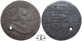 Leopold V Austria, AR 10 Kreuzer Tyrol 1625 AD. LEOPOLDVS D G (10) ARCHID AVSTRI, portrait, small, bare headed, of Leopold V of Habsburg, dividing the...