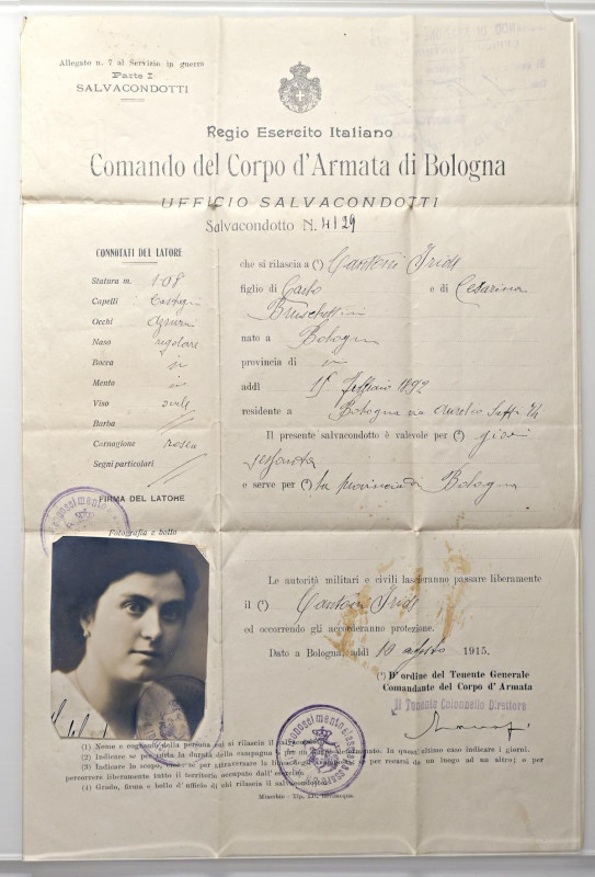 DOCUMENTI 1915 - Lasciapassare di 60 gg per la provincia di Bologna, con foto cm...