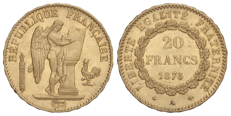 20 Francs. 1875-A. III REPUBLIQUE. PARÍS. 6,42 grs. AU (900). Ángel. (Leves golp...