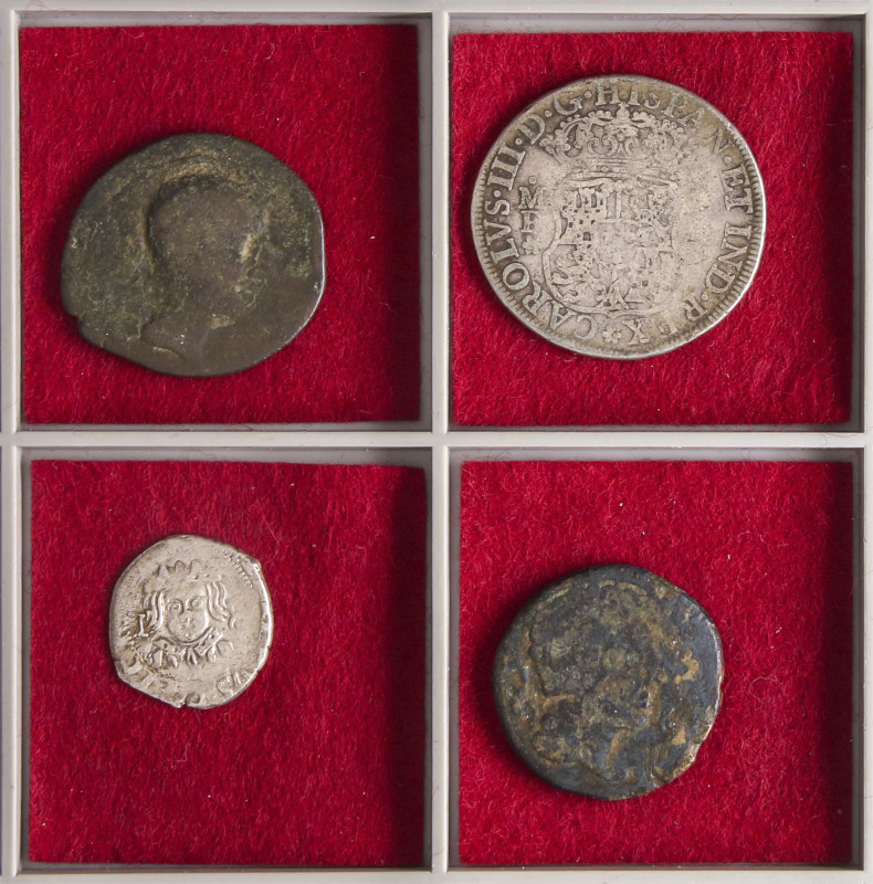 Lote 4 monedas. MONEDA HISPÁNICA, FELIPE IV y CARLOS III. 2 Ases ibéricos, Divui...