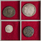 Lote 4 monedas. MONEDA HISPÁNICA, FELIPE IV y CARLOS III. 2 Ases ibéricos, Divuité Valencia 1642 y 4 Reales 1769 México Columnario. A EXAMINAR. RC a B...