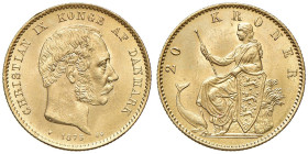 DANIMARCA Cristiano IX (1863-1906) 20 Kroner 1873 - KM 791.1 AU (g 8,99) Colpetto al bordo.
qFDC
