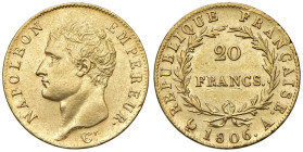 FRANCIA Napoleone I (1804-1814) 20 Franchi 1806 A Parigi - Gad. 1023 AU (g 6,46)
SPL