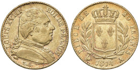FRANCIA Luigi XVIII (1815-1824) 20 Franchi 1814 A Parigi - Gad. 1026 AU (g 6,42)
BB+