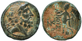 CILICIA. Elaiussa-Sebaste. 1st century BC. Ae (bronze, 5.56 g, 21 mm). Diademed head of Zeus to right; behind, monogram. Rev. EΛAIOYΣIΩN Nike advancin...