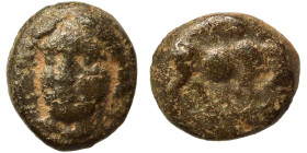 IONIA. Phygela. Circa 350-300 BC. Ae (bronze, 0.48 g, 7 mm). Laureate head of Artemis Munychia facing slightly to left. Rev. Bull butting right, [ΦYΓ ...