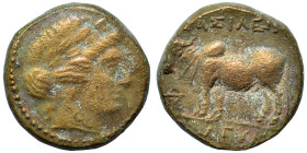 SELEUKID KINGS of SYRIA. Seleukos II Kallinikos. 246-225 BC. Ae (bronze, 4.58 g, 16 mm), uncertain mint. Laureate and draped bust of Apollo right. Rev...