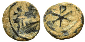 VANDALS. Pseudo-Imperial coinage, in the name of Justinian I. Nummus (bronze, 0.73 g, 9 mm), Carthage. Diademed and draped bust to right. Rev. Chi-rho...