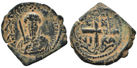 CRUSADERS. Principality of Antioch. Tancred, regent, 1101-1112. Follis (bronze, 3.12 g, 22 mm). Armored, bearded bust of Tancred facing, holding uprai...