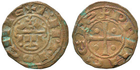 CRUSADERS. Principality of Antioch. Raymond of Poitiers, 1136-1149. Fractional Denier (bronze, 1.04 g, 17 mm). +PRINCEPS Cross pattée with pellet in e...