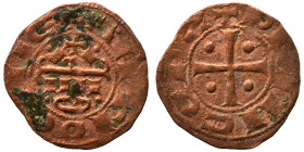 CRUSADERS. Principality of Antioch. Raymond of Poitiers, 1136-1149. Fractional Denier (bronze, 0.88 g, 17 mm). +PRINCEPS Cross pattée with pellet in e...