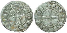 CRUSADERS. Principality of Antioch. Bohémond III, 1163-1201. Denier (silver, 0.86 g, 17 mm). +BOAMVNDVS Helmeted head of a knight to left flanked by c...