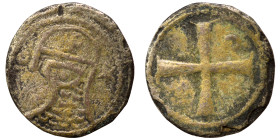 CRUSADERS. Principality of Antioch. Bohémond III, 1163-1201. Denier (silver, 0.43 g, 11 mm). Helmeted head of a knight to left flanked by crescent and...