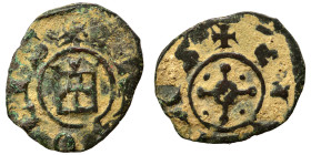 CRUSADERS. County of Tripoli. Bohémond V, 1233-1251. Pougeoise (bronze, 0.90 g, 16 mm). +CIVITAS Cross pommetée with central pellet-in-annulet; pellet...