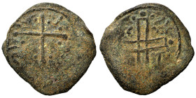 Medieval. Uncertain, circa 11/12th century AD. Ae (bronze, 2.16 g, 23 mm). Cross with pellets in each angle. Rev. Cross, legend arround. Fine.