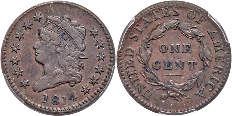 1814. Plain 4. PCGS Genuine. Cleaned-VF Detail. Reddish-brown and a nice looking...