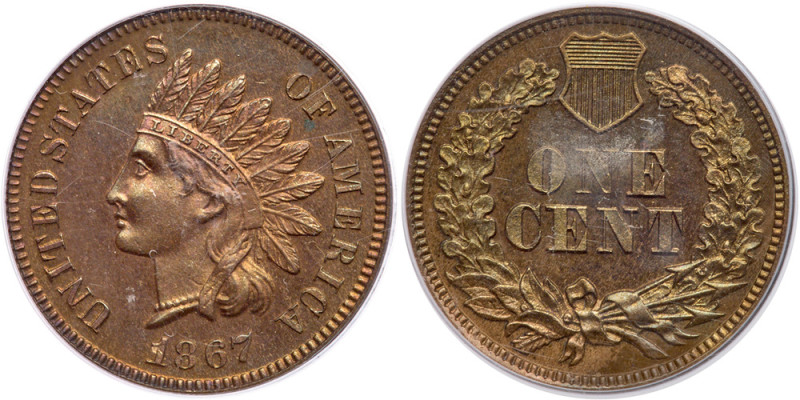 1867. PCGS graded Proof 64 Brown. Boldly struck with golden-brown colors (PCGS #...