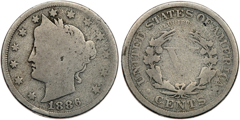 1886. About Good 3. Full date. Scarce key date. Estimated Value $75 - UP