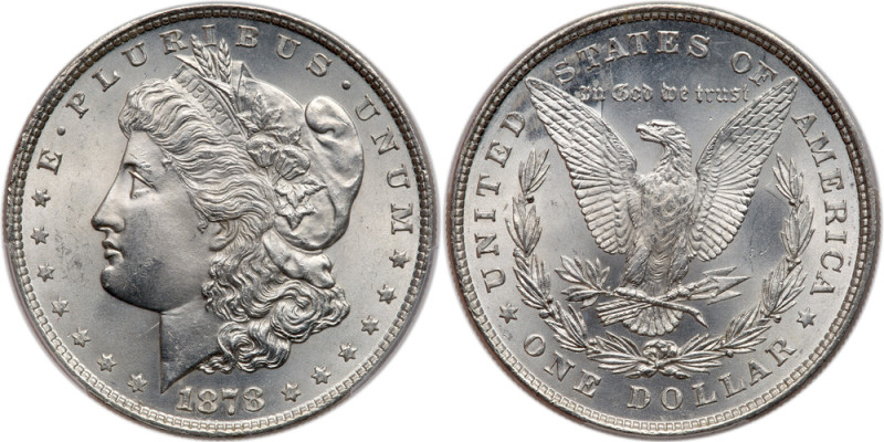1878. 8 tail feathers. PCGS graded MS-64. Boldly struck and blast white. Looks l...