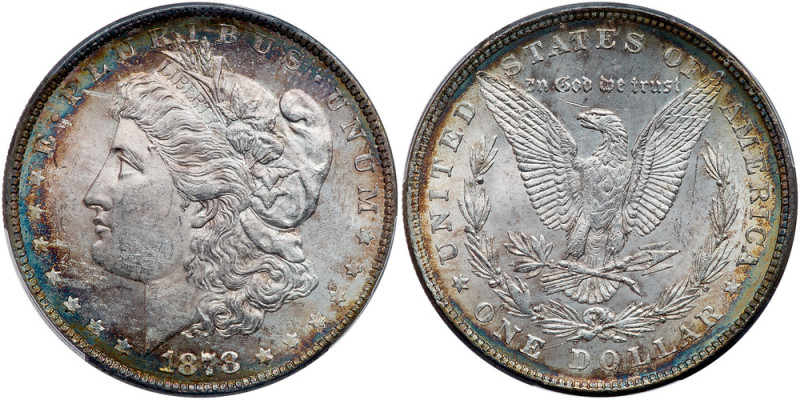 1878. 8 tail feathers. PCGS graded MS-62. Delicate rainbow toning about the peri...