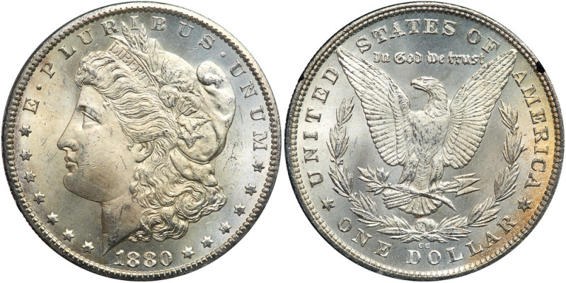 1880-CC, 8 over 7. GSA Hoard. Top 100 VAM-5. NGC graded MS-65+. A frosty creamy-...