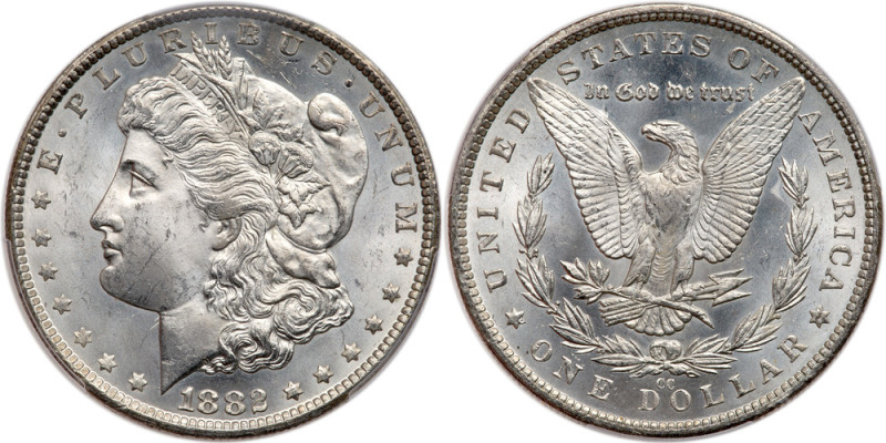 1882-CC. PCGS graded MS-65. Intensely lustrous and totally white. Semi reflectiv...
