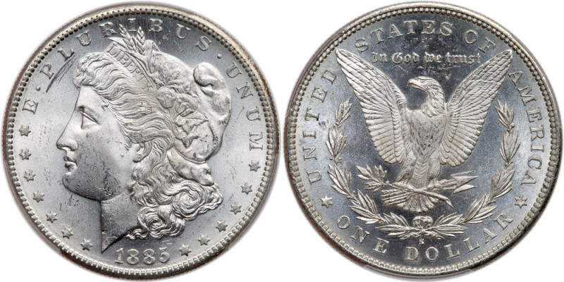 1885-S. PCGS graded MS-64. CAC. Blast white and intensely lustrous (PCGS # 7164)...
