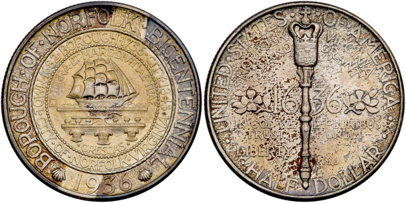 1936 Norfolk Half Dollar. PCGS graded MS-67. CAC. Original "tab" toning on both ...