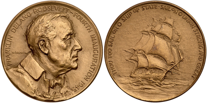 1945. Franklin Delano Roosevelt Official Fourth Inaugural Bronze Medal. Gem Unci...