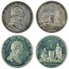 Joseph II 1780 - 1790 
Insieme di due medaglie (di modulo piccolo) 1781 per la cerimonia di omaggio dei Paesi Bassi una in argento e una in stagno, d...