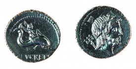 Monete Romane Repubblicane 
Denaro al nome L.LVRETI TRIO databile al 76 a.C. - Zecca: Roma - Diritto: testa laureata di Nettuno a destra; a sinistra ...