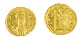 Monete Bizantine 
Anastasio (491-518) - Solido databile al periodo 491-498 - Zecca: Costantinopoli - Diritto: mezzo busto elmato e diademato dell’Imp...