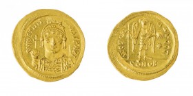 Monete Bizantine 
Giustiniano I (527565) - Solido databile al periodo 542-550 - Zecca: Thessalonica - Diritto: mezzo busto elmato e diademato dell’Im...