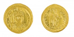 Monete Bizantine 
Giustino II (565-578) - Solido - Zecca: Costantinopoli - Diritto: mezzo busto elmato e diademato dell’Imperatore di fronte con glob...