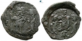 Constans II, with Constantine IV, Heraclius, and Tiberius AD 663-668. Syracuse. Follis Æ