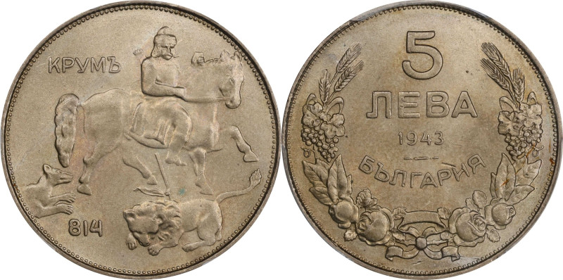 BULGARIA. 5 Leva, 1943. Vienna Mint. Boris III. PCGS MS-65.
KM-39b. Deeply tone...