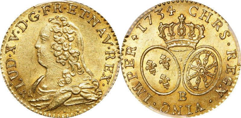 FRANCE. Louis d'Or, 1734-B. Rouen Mint. Louis XV. PCGS MS-63.
Fr-461; Gad-340. ...