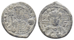 Byzantine Lead Seal, (18mm, 4.9 g) Crowned bust facing, wearing loros and holding labarum in his right hand and globus cruciger in his left. / Facing ...