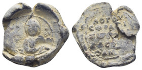Byzantine Lead Seal, (20mm, 4.7 g) Nimbate facing bust of the Virgin Mary, orans, with small medallion of young Jesus Christ over her breast./ Legends...