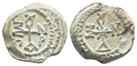Byzantine Lead Seal, (21mm, 12.0 g) Cruciform invocative monogram. / Cruciform invocative monogram.